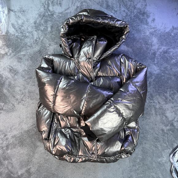 GAP Puffer Jacket Womens Medium Metallic Gray Cropped Detachable Hood PrimaLoft - Picture 2 of 16